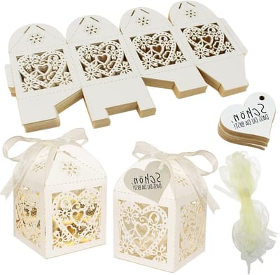 Cadeau Dozen voor Bruiloften - 50 Stuks Off White Snoepdozen met Strik voor Tafelversiering en Gasten Geschenken (5x5x8cm)