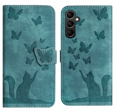BookCover Etui Hoes geschikt voor Samsung Galaxy S24 - S25 - Groen - Vlinders en Kat - Reliëf