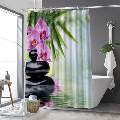 Rideau de douche Orchidée Rose et Pierres Zen Imperméable Facile à Nettoyer Protection de l'intimité Impression Design Spa Nature Paisible 12 Crochets W90H180(CM)-1 Pcs