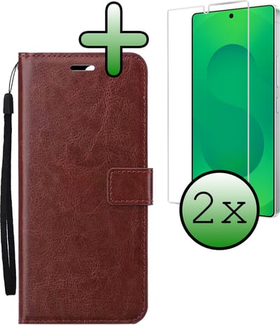 Hoesje Met 2x Screenprotector - Geschikt voor Samsung Galaxy S25 Ultra - Luxe Pasjeshouder - Bookcase Portemonee - Flip Case - Kunstleer Book Case - Flipcase Hoes - Book Cover - Walletcase - Portemonneehoes - Bruin