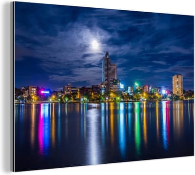 Aluminium schilderij 180x120 cm - Wanddecoratie metaal - Hanoi - Skyline - Lichten - Metalen muurdecoratie woonkamer - Decoratie industrieel - Foto op dibond - Industriële accessoires slaapkamer