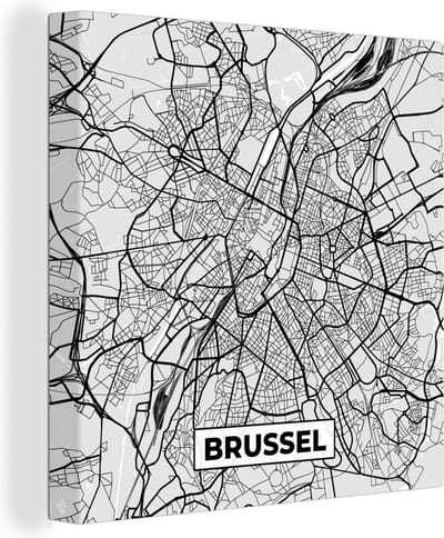Canvas Schilderij België – Brussel – Stadskaart – Kaart – Zwart Wit – Plattegrond - 20x20 cm - Wanddecoratie