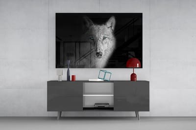 Glasschilderij Witte Wolf 90 x 60 cm – Zwart Wit Moderne Wanddecoratie – Premium Glas