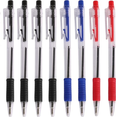 Professionele Balpennen –"8 Stuks" – Blauw / Zwart / Rood – (Softgrip) – Kliksysteem – Comfortabele Schrijfervaring - Pennen - Pen - Balpen
