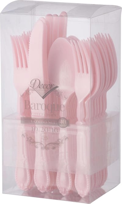 Decorline - Herbruikbare robuuste plastic bestekset Parel Roos kleur - 40-delig - met elk 20 vorken, 10 messen en 10 soeplepels - Baroque Collection voor Kerstmis,Bruiloften, Verjaardagen, Feesten en Evenementen.