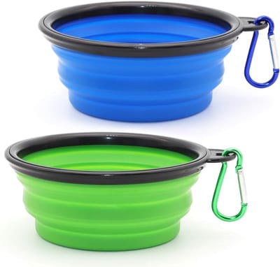 2-Pack Opvouwbare Reispetfles Serie - Lichtgewicht Eet/Drinkbak voor Honden & Katten - Met Karabijnhaken - Geschikt voor Camping/Wandelen (Blauw + Groen)