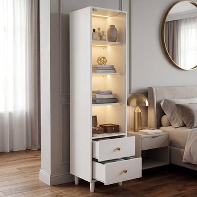 MIVRAY Vitrinekast - Met LED, Glazen Deur En 2 Laden - Voor Woonkamer Of Werkkamer - MDF En Glas - 165x40x35 Cm - Wit