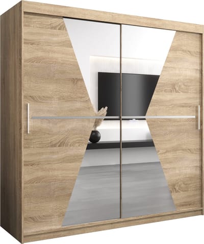 InspireMe - Kledingkast met 2 schuifdeuren, Modern-stijl, Een kledingkast met planken en een spiegel (BxHxD): 200x200x62 - TOTO 200 Sonoma Eik