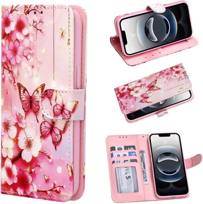 Casemania Hoesje Geschikt voor Apple iPhone 12 - Roze Bloemen en Vlinders Print - Portemonnee Bookcase met Pasjeshouder en Standaardfunctie - Wallet case met Ingebouwde Kaarthouders