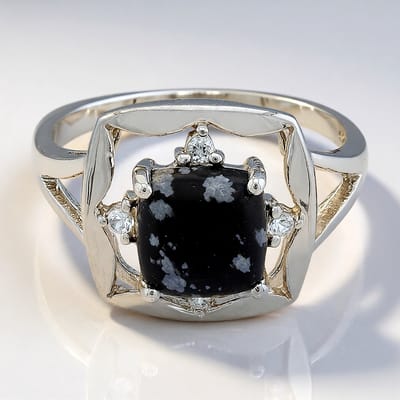 Cavill - Zilveren Ring 925 Sterling Zilver - 2,27 ct Sneeuwvlokken Obsidiaan - Antieke Kussen Cabochon - Zirkonen - Elegante Statement Sieraad