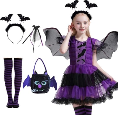 Halloween Kostuum voor Kinderen met Paarse Tutu Jurk, Vleugels, Hoofdband en Toverstaf voor Carnaval en Cosplay Feesten
