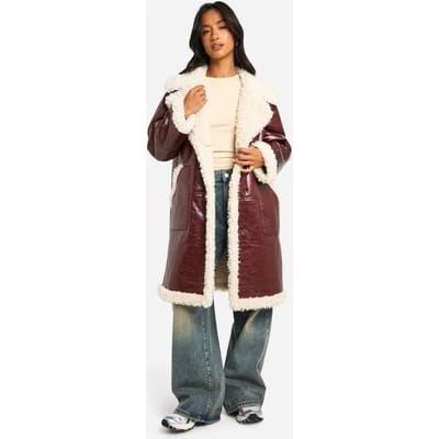 boohoo Dames Petite Kunstleren Teddy Details Langlopende Aviator Jas | Brown | Maat: 8