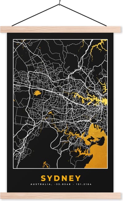 Posterhanger incl. Poster 40x60 cm - Schoolplaat - Sydney - Stadskaart - Plattegrond - Goud - Kaart - Textielposter - Blanke latten - Stadskaart
