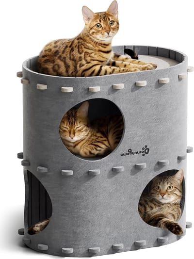 Felt Cat Cave voor Katten - 2-laags Kattenbed van 50 x 33 x 50 cm, Ideaal voor Spelen, Warm Ontwerp en Nagelbescherming, Grijs