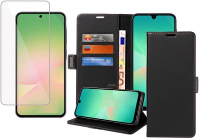 Book Case & Screenprotector geschikt voor Samsung Galaxy A17 5G / A26 Hoesje Screenprotector - Gehard Glas Cover + Magnetische Sluiting - Portemonnee Rustic Zwart