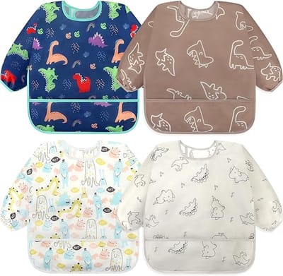 Baby slabbetjes - Waterdichte slabbetjes met mouwen - Dinosaurusprint - Slabbetjes met lange mouwen - Slabbetjes met klittenbandsluiting - Herbruikbaar en wasbaar - Geschikt voor baby's van 6-30 maanden - 4 stijlen