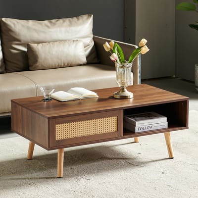 MODENUIT Salontafel - Met Schuifdeur En Rotanfront - Voor Woonkamer En Slaapkamer - MDF Bruin - 105x55x40 Cm