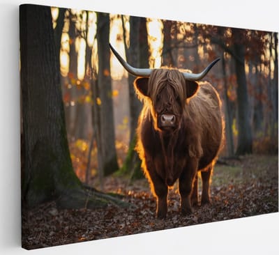 Saammp Canvas Schilderij - Schotse Hooglander Koe in een bos - Dieren - Portret - 30x20 - Foto op canvas - Wanddecoratie - muurdecoratie Woonkamer - Slaapkamer decoratie - Canvas Print