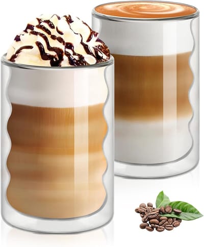 Set van 2 ribbelglas drinkglazen van 375ml, hittebestendige borosilicaat mokken voor koffie, thee en cappuccino