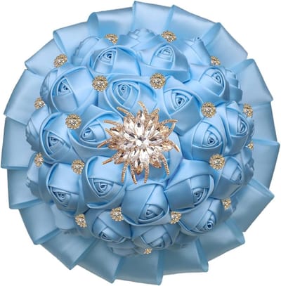 Kunstboeket Dieprood - Zijden Bloemen - Bruiloft Decoratie - Met Parels - 20 cm Breed - Lichtblauw