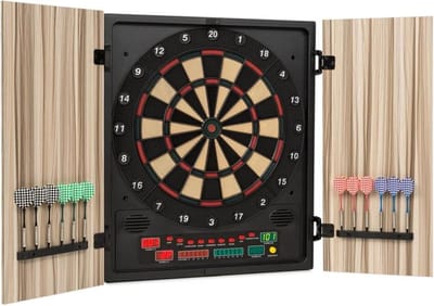 OneConcept - Dartmaster 180 Dartautomaat, Elektronisch dartbord, E-Darts, Dartbord voor tot 8 spelers, virtuele tegenstander, LED-displays, 12 pijltjes, beige