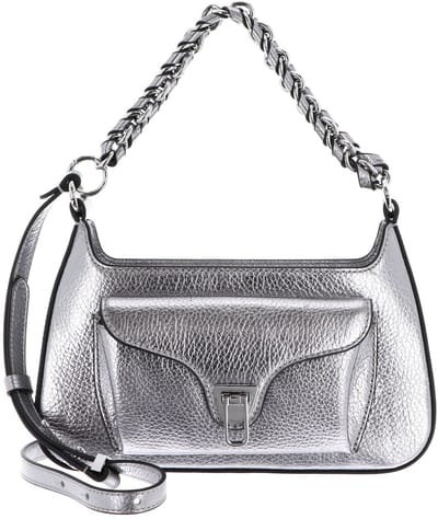 COCCINELLE Leren handtas schoudertas Beat Grained Leather Handbag Steel zilverkleurig