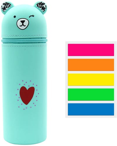 1 x beren-etui, 100 pagina's zelfklevende notities, zacht siliconen etui, schattige cartoon-beerpennenhouder, multifunctionele opbergdoos, groen