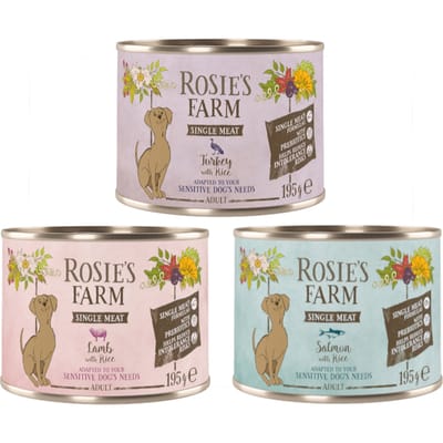 6x 195g Rosie's Farm Single Meat Adult Mix (kalkoen & rijst, lam & rijst, vis & rijst) nat hondenvoer