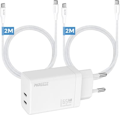 Phreeze 65 W usb C laptop oplader - Dual usb C poorten - Power Delivery GaN charger met 2 usb C naar usb C kabels 2 meter