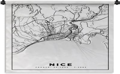 Wandkleed - Wanddoek - Kaart - Nice - Plattegrond - Frankrijk - Stadskaart - Zwart wit - 180x120 cm - Wandtapijt