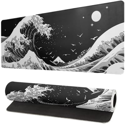 longziming -Mousepad Met Japanse Zeegolfprint - Bureau Mousepad - Ultragladde Lycra Oppervlakte - Lycra En Ademend Textiel - Anti-slip Rubber Onderkant En Polssteun - 1 Stuk