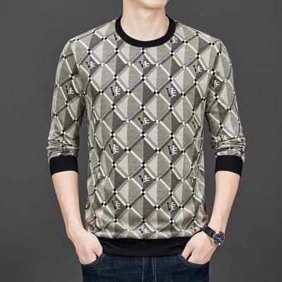 Heren Herfst en Winter Jacquard Digitaal Printen Nieuwe Ronde Hals Lange Mouw T-shirt Sweatshirt Heren Tops Onderhemd 4XL gray