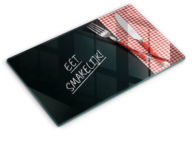 Wallfluent Glazen Snijplanken - Eet smakelijk! Snijplanken Glas - 30 cm x 52 cm - Veelkleurig Snijplanken van Glas - Snijplank van Glas - Decoratieve Glazen Snijplank - Glazen Snijplank met Antislip