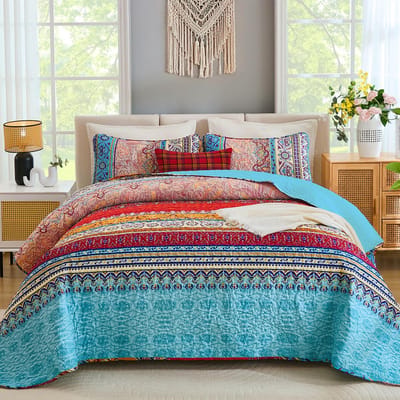 BEDDING Boheemse dekbedovertrekset King Size, Boho gestreepte bedrukte quilts sprei set voor alle seizoenen, lichtgewicht microvezel dekbedovertrek beddengoedset met 2 kussenslopen 264 x 229 cm