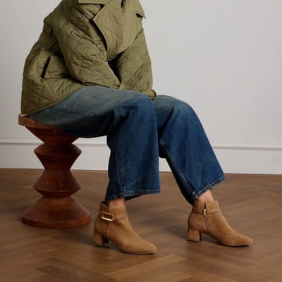 No Stress - Dames - Beige suède enkellaarsjes met hak - Maat 36