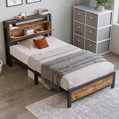 VVBV Gestoffeerd Bed 90x200 cm met Lattenbodem, Opberghoofdbord - Voor Kinderen/Tieners, Voor Volwassenen - Metaal Zwart