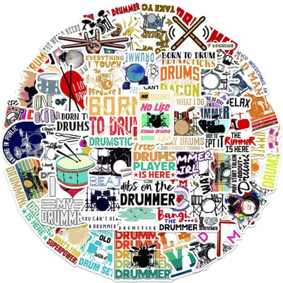 Stickers voor Drummers - 50 Stickers met Drumstellen, I love Drums, Drumsticks & Grappige teksten - 5x6CM - Muziek/Muziekinstrumenten