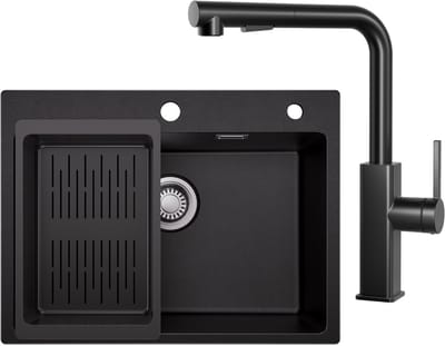 Sofetiy Max spoelbak Keuken 60x45cm Antraciet - Granieten spoelbak Met Keukenkraan - Spoelbakken met afdruip - Enkele spoelbak Met Afdruiprek - Antraciet