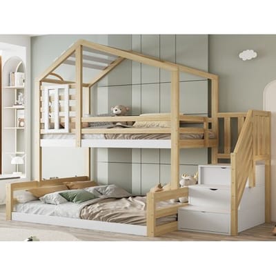 ModernLuxe Overlappend bed 90x200cm + 140x200cm massief hout - met barrières en opbergladder - Wit & Naturel