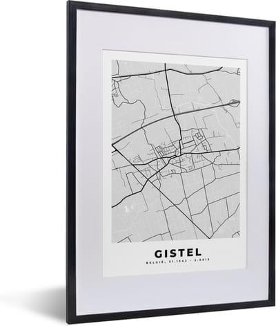 Fotolijst incl. Poster Zwart Wit- Stadskaart – Plattegrond – België – Zwart Wit – Gistel – Kaart - 30x40 cm - Posterlijst