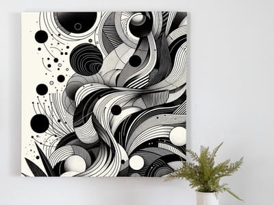 Abstract zwart wit schilderij | Monochrome dans van lijnen en vormen in abstracte symfonie | Kunst - 100x100 centimeter op Dibond | Foto op Dibond