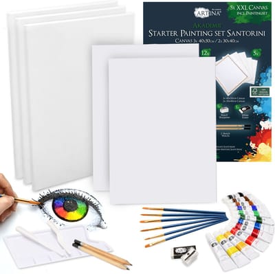Artina Santorini â€“ Set van 30 Tekenset Schilderset â€“ Acrylverf Set 12x12 ml, Spieraam 40x50 cm & 30x40 cm & Penseelset voor Beginners Hobbykunstenaars