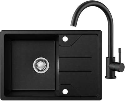 DERW MAX Granieten Spoelbak voor keuken 65x45cm - Enkele Spoelbakken Met Keukenkraan - Onderbouw Spoelbak Zwart - Met Planchet en Waterafvoersysteem - Voor 45 cm Kast