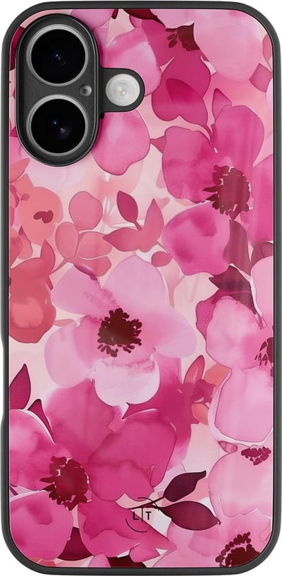 Hoesje geschikt voor iPhone 17 - Rosy garden - Luxe Glazen Hardcase - Bloemen - Roze - Leuke Telefoonhoesjes