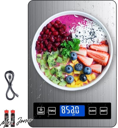 Mrs. Jones Voedselweegschaal 22 lb digitale keukenweegschaal gewicht gram en ounce met timer en hold-functie voor koken en bakken 1 g/01 oz nauwkeurige schaalverdeling roestvrij staal en gehard - koken - bakken .