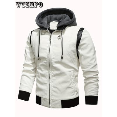 Veste d'hiver décontractée ajustée pour homme avec empiècements en cuir PU, fermeture éclair, manches longues, à capuche, manteau XXXL blanc