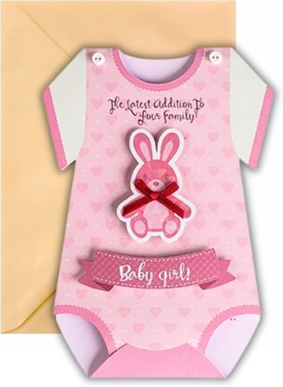 Babyshower Wenskaart Roze Romper Vorm met 3D Konijn - Voor Meisjes & Aankondiging