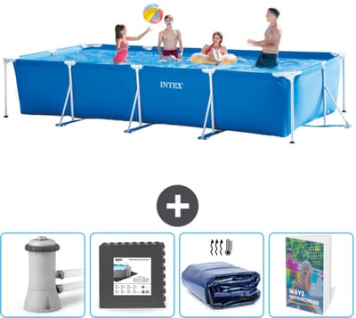 Intex Rechthoekig Frame Zwembad - 450 x 220 x 84 cm - Blauw - Inclusief Zwembadfilterpomp - Vloertegels - Solarzeil - Zwembadgids