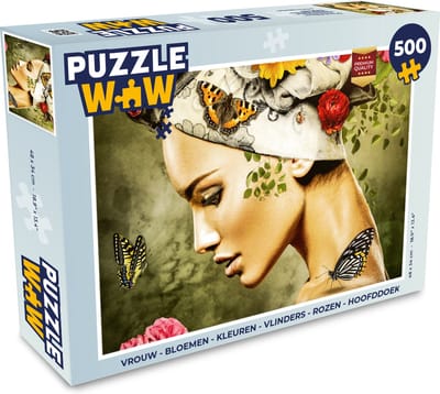 Puzzel Vrouw - Bloemen - Kleuren - Vlinders - Rozen - Hoofddoek - Legpuzzel - Puzzel 500 stukjes