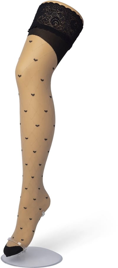 Bonnie Doon Dames Hold Up met Hartjes Print maat S/M Beige - Brede Siliconen Band - Little Hearts Hold Up - Zakt niet af - Bies aan Achterkant - Panty zonder Broekje - Siliconenrand - Blijven Perfect Plakken - Panty Kousen - Nude - BP201705.297